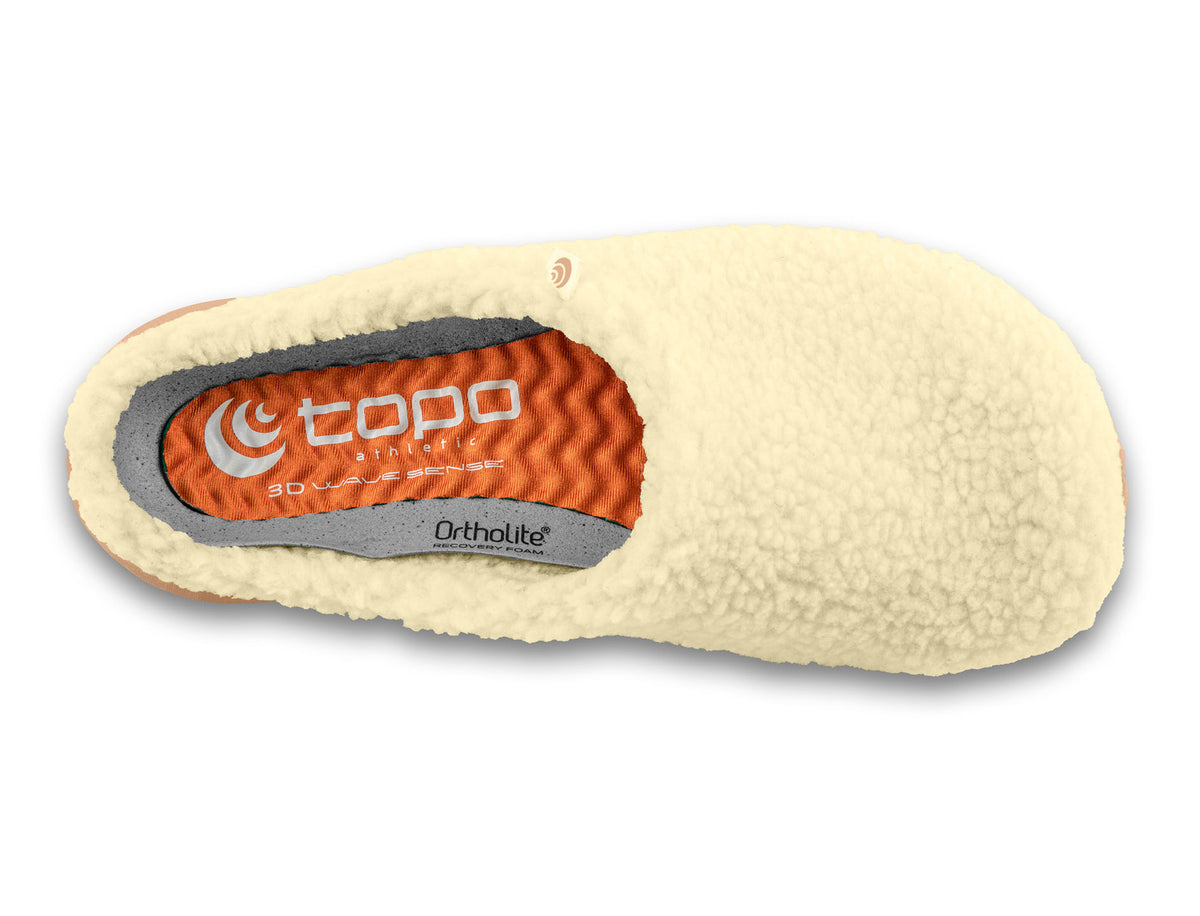 Women's Topo Athletic Revive. Off white upper. Tan midsole. Top view.