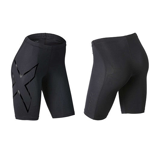a pair of black compression shorts with the reflective black outline of an x on the side