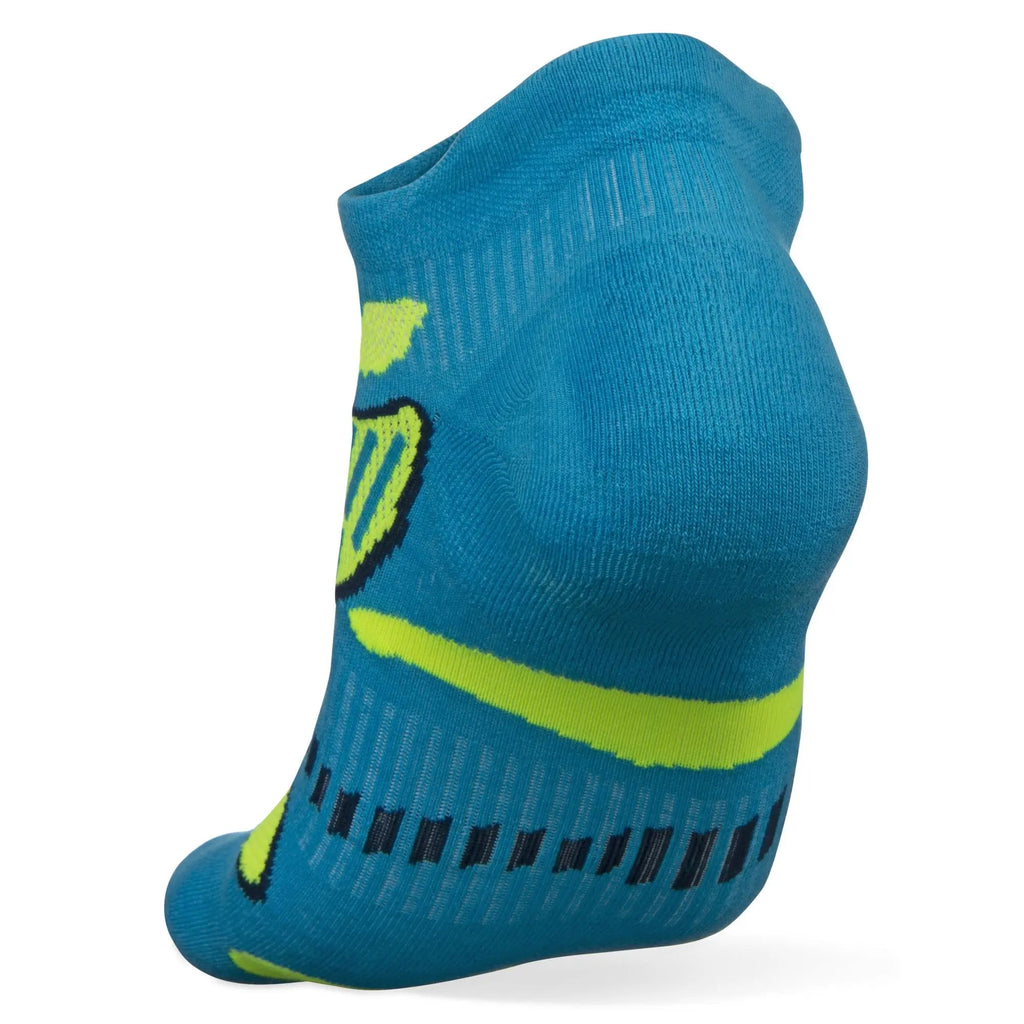 Unisex Balega Ultralight. No Show. Blue/Yellow. Rear/Lateral view.