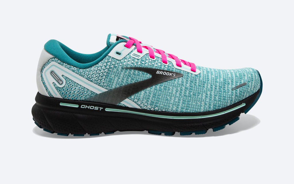 Brooks Ghost 14 workhorse trainer in aqua blue light with pink laces clearance sale