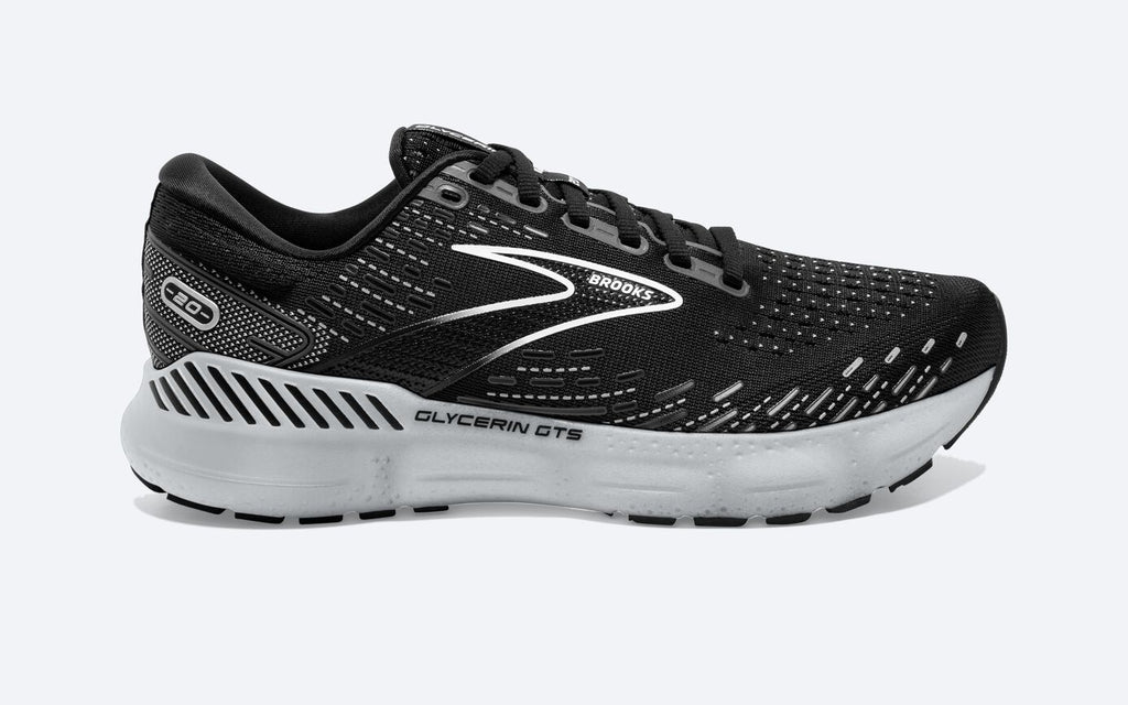 Women's Brooks Glycerin GTS 20. Black upper. White midsole. Lateral view.