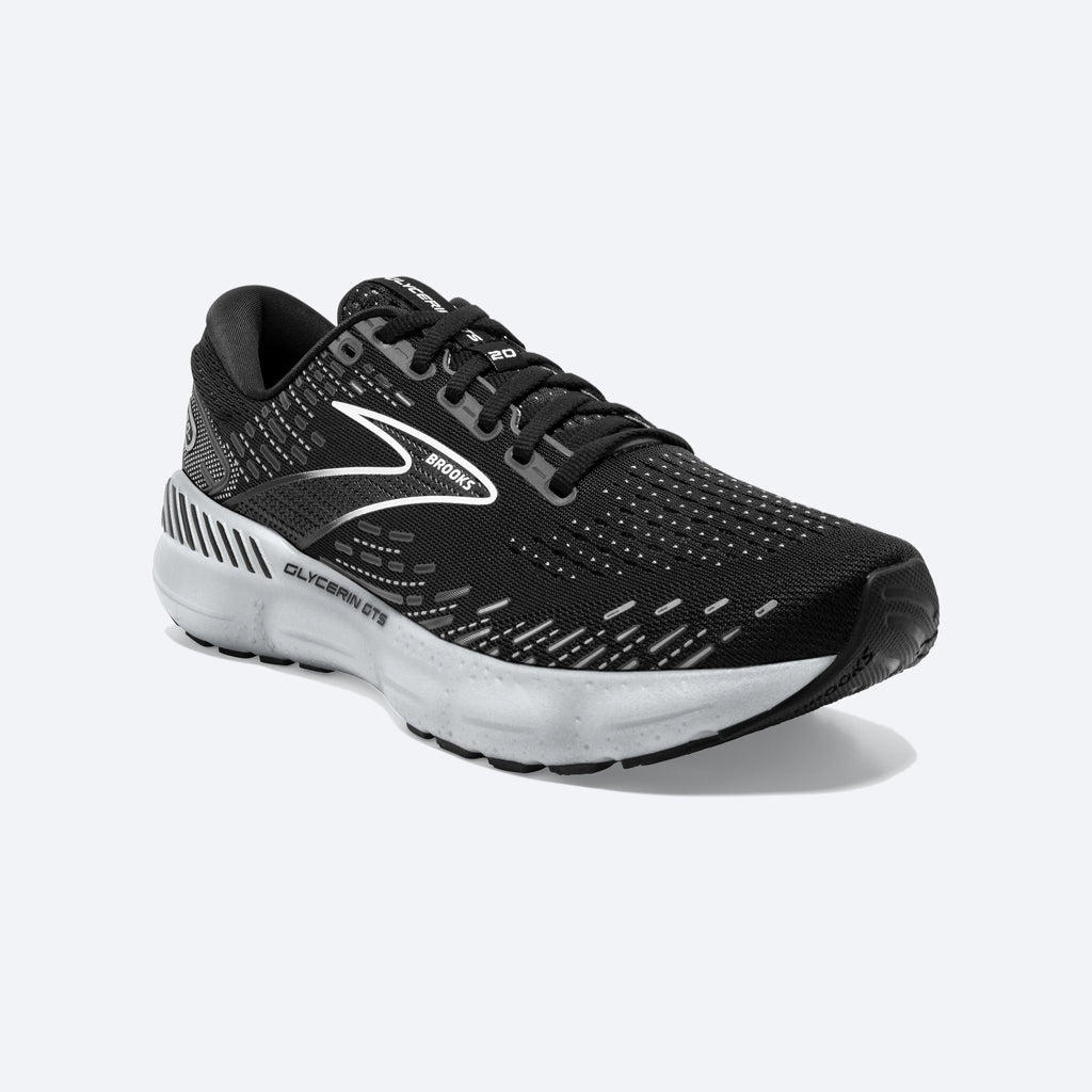Women's Brooks Glycerin GTS 20. Black upper. White midsole. Lateral view.
