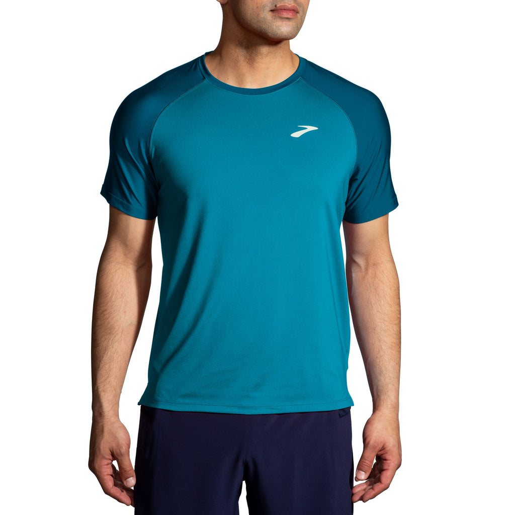 Men's Brooks Atmosphere Short Sleeve 2.0. Blue/Green. Front view.