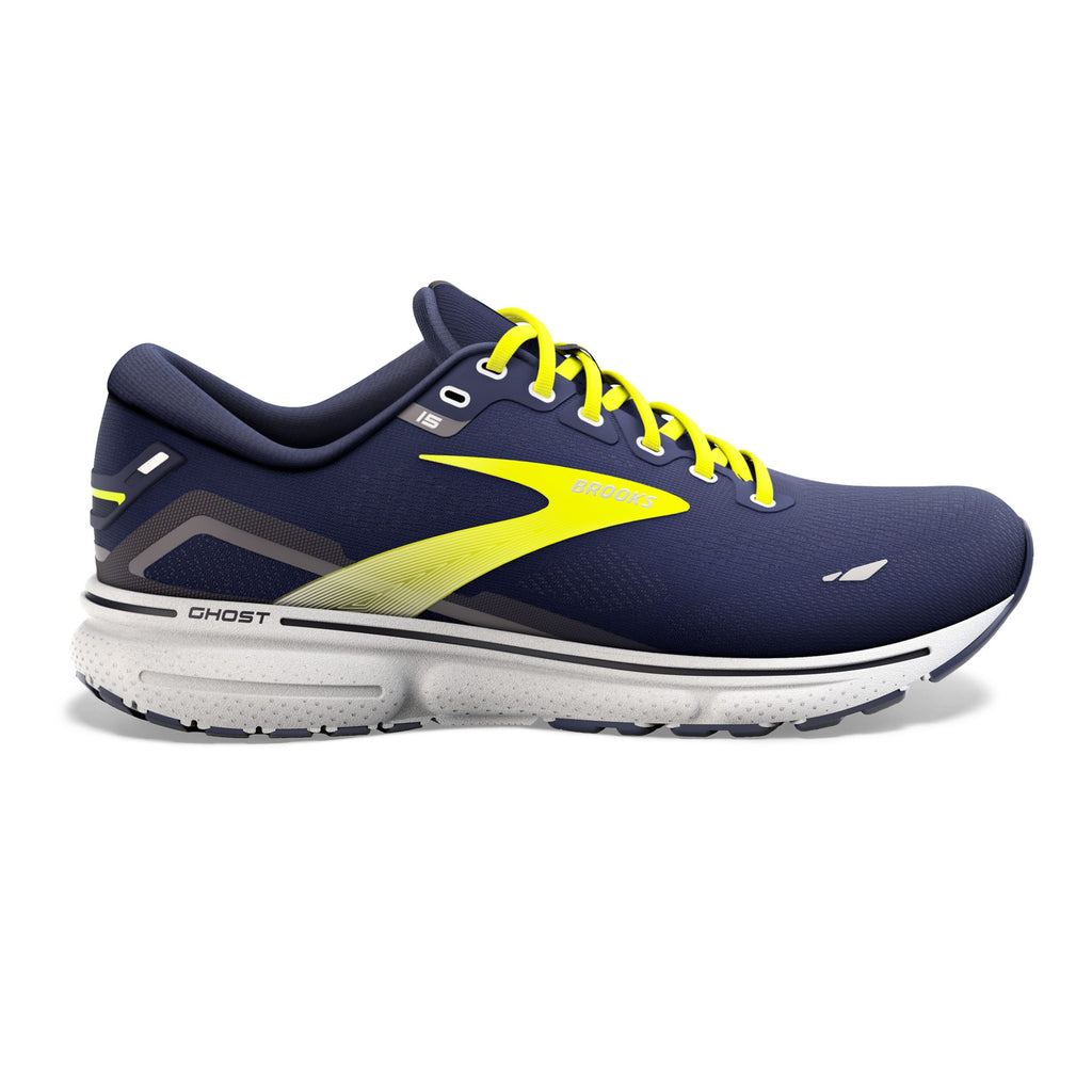 Men's Brooks Ghost 15. Navy upper. White midsole. Lateral view.
