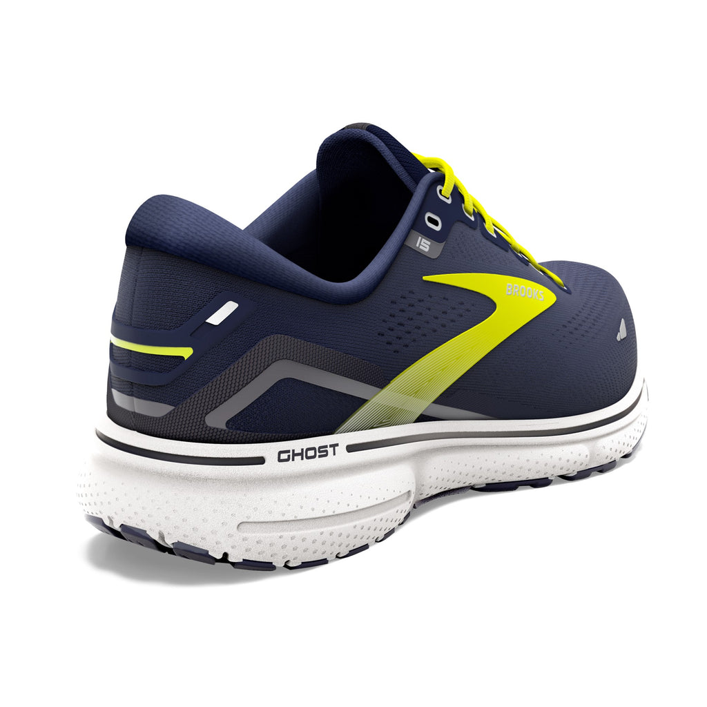 Men's Brooks Ghost 15. Navy upper. White midsole. Rear/Lateral view.