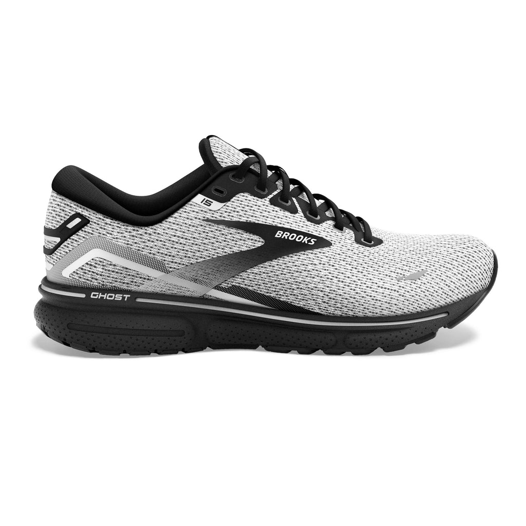 Men's Brooks Ghost 15. White upper. Black midsole. Lateral view.