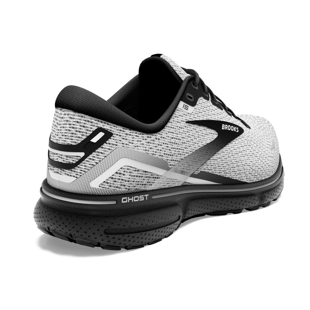 Men's Brooks Ghost 15. White upper. Black midsole. Rear/Lateral view.