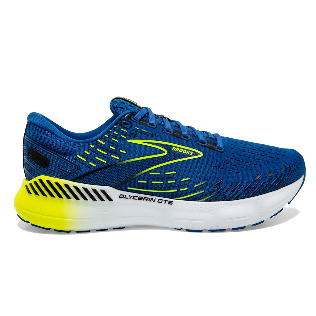 Men's Brooks Glycerin GTS 20. Blue upper. White midsole. Lateral view.