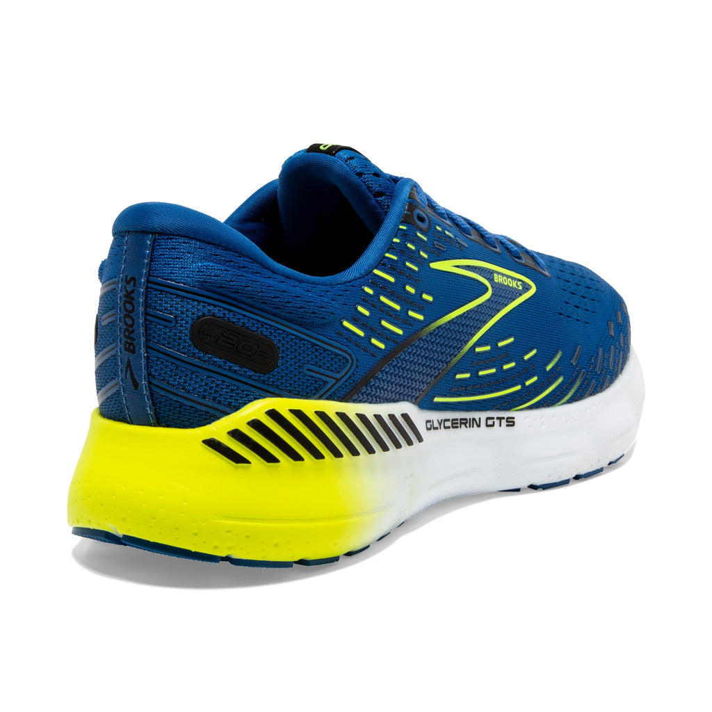 Men's Brooks Glycerin GTS 20. Blue upper. White midsole. Rear/Lateral view.