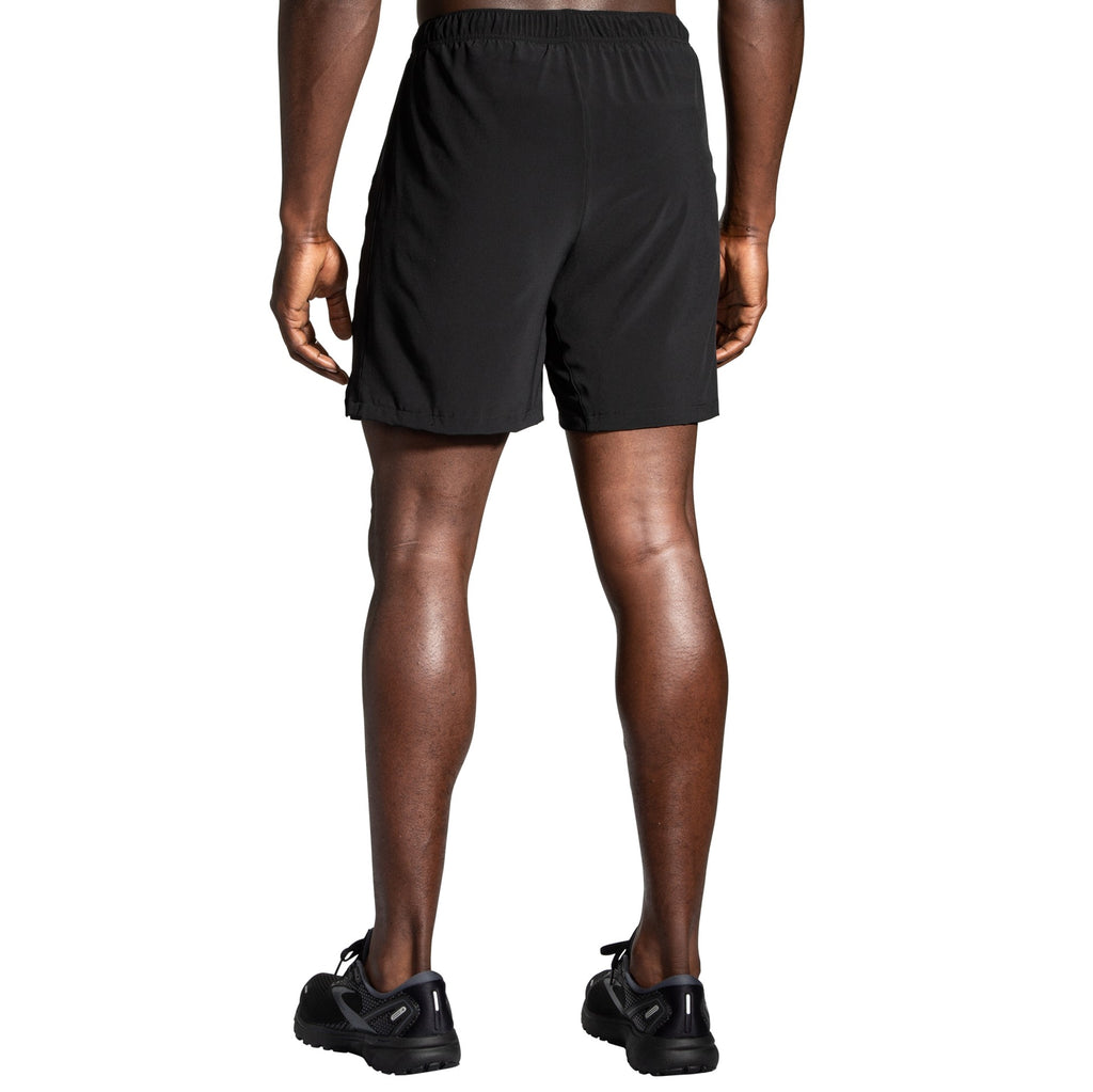 Men's Brooks 7" Moment Shorts. Black. Rear view.