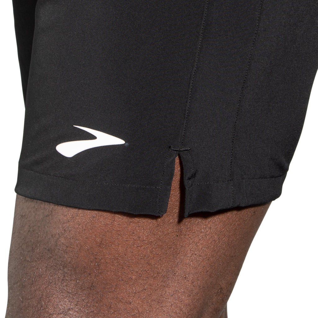Men's Brooks 7" Moment Shorts. Black. Lateral view.