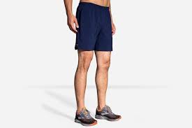 Men's Brooks Sherpa 7" Shorts. Navy. Front/Lateral view.