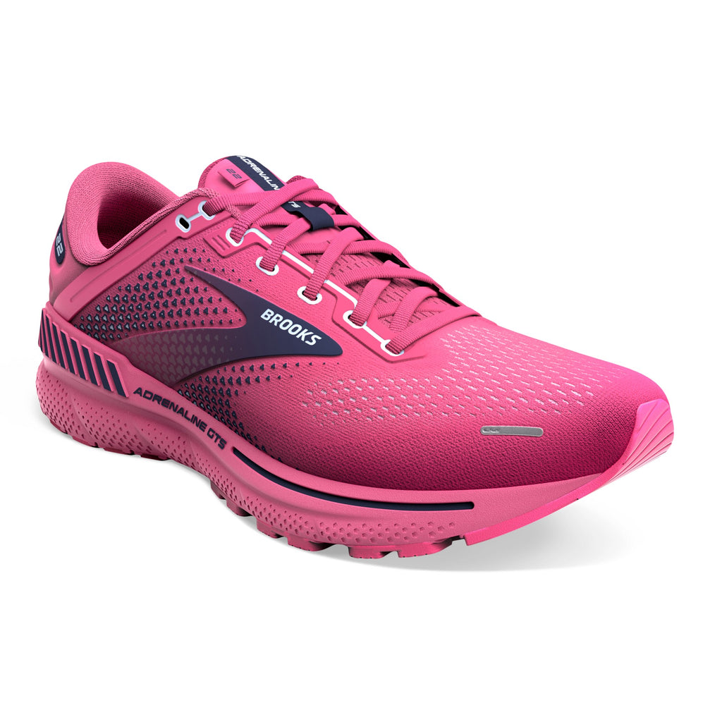 Women's Brooks Adrenaline GTS 22. Pink upper. Pink midsole. Front/Lateral view.