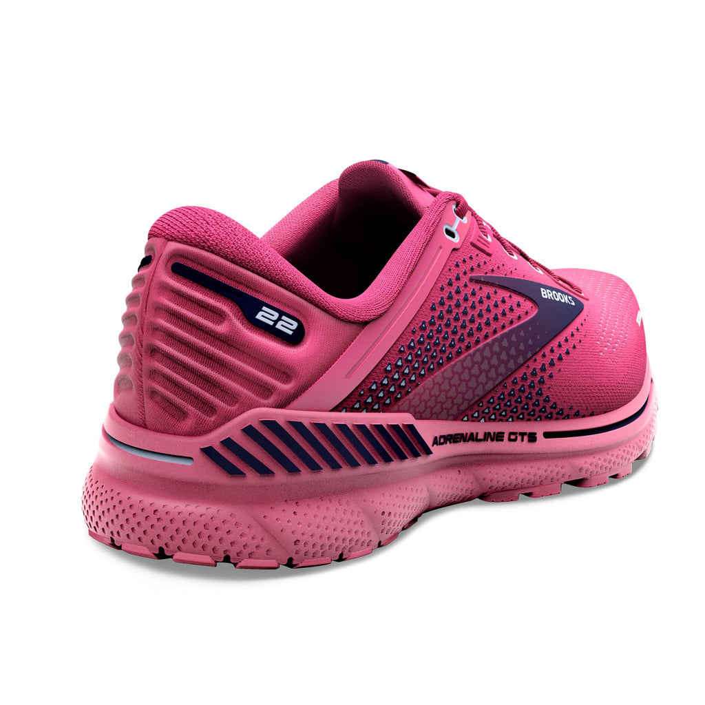 Women's Brooks Adrenaline GTS 22. Pink upper. Pink midsole. Rear/Lateral view.