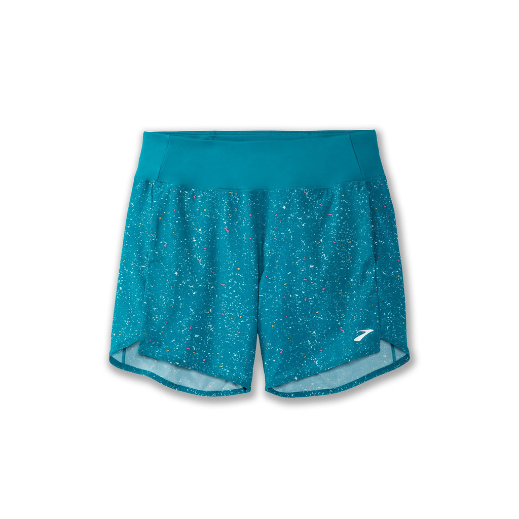 Women's Brooks Chaser 7" Shorts. Teal print. Front view.