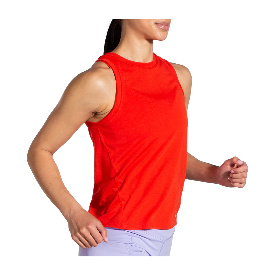 Women's Brooks Distance Tank. Orange. Front/Lateral view.