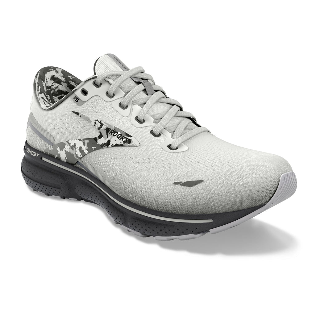 Women's Brooks Ghost 15. White upper. Black midsole. Lateral view.