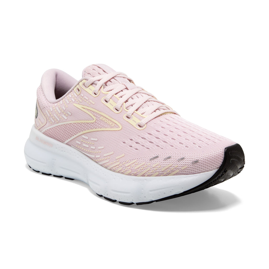 Women's Brooks Glycerin 20. Light Pink upper. White midsole. Lateral view.