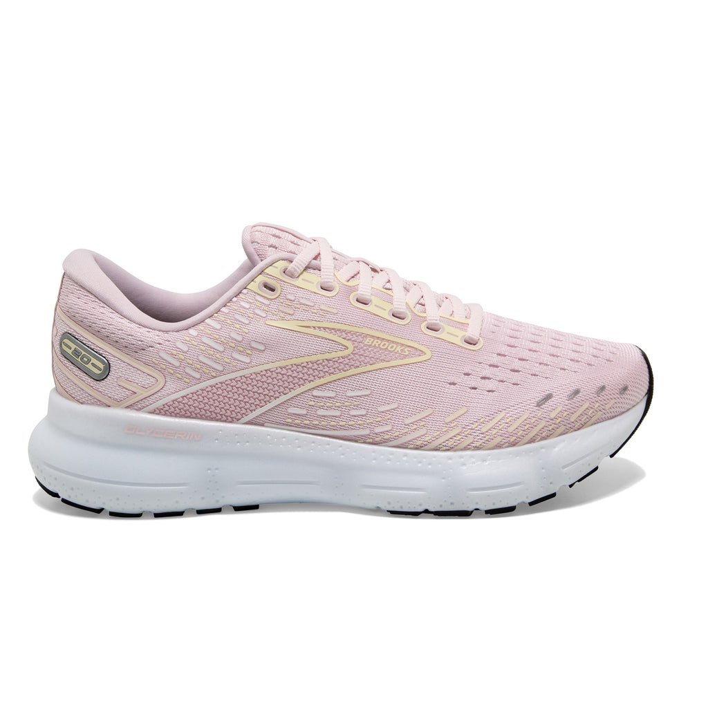 Women's Brooks Glycerin 20. Light Pink upper. White midsole. Lateral view.