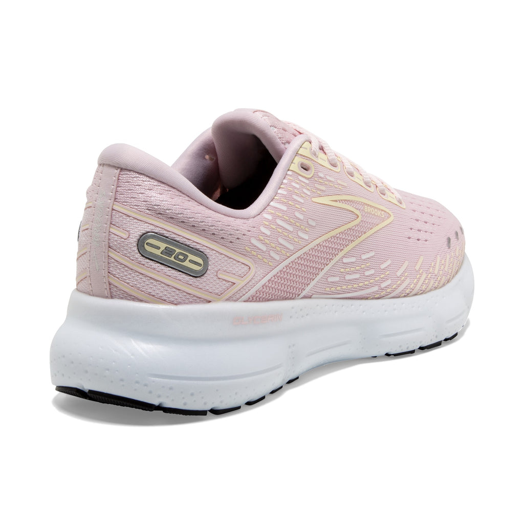 Women's Brooks Glycerin 20. Light Pink upper. White midsole. Rear/Lateral view.