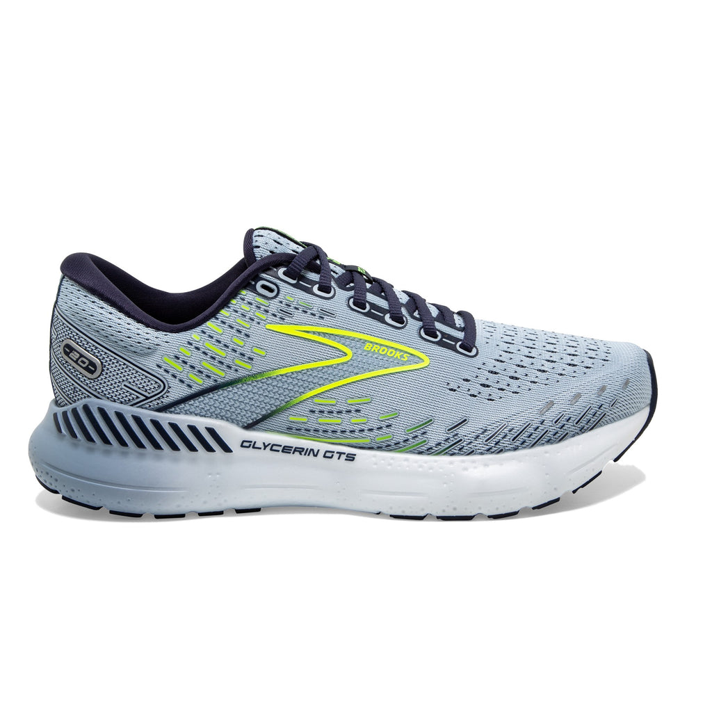 Women's Brooks Glycerin GTS 20. Light Blue upper. White midsole. Lateral view.
