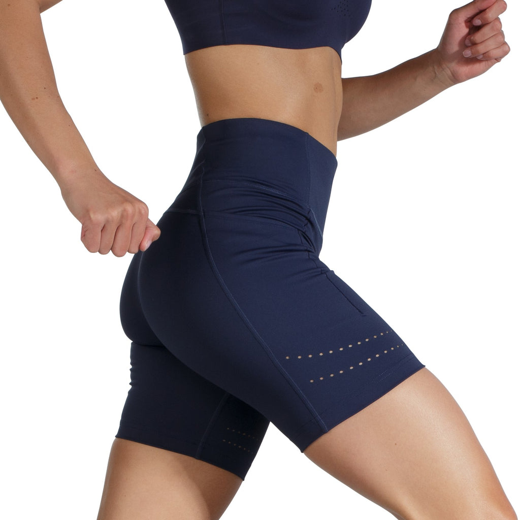 Women's Brooks Method 8" Short Tights. Navy. Lateral view.