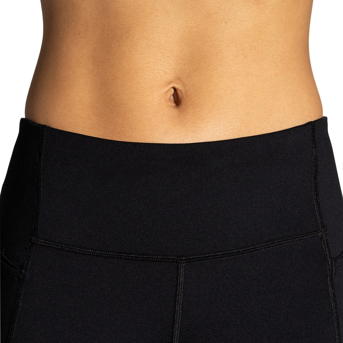 Women's Brooks Moment 5" Short Tights. Black. Waistband closeup.
