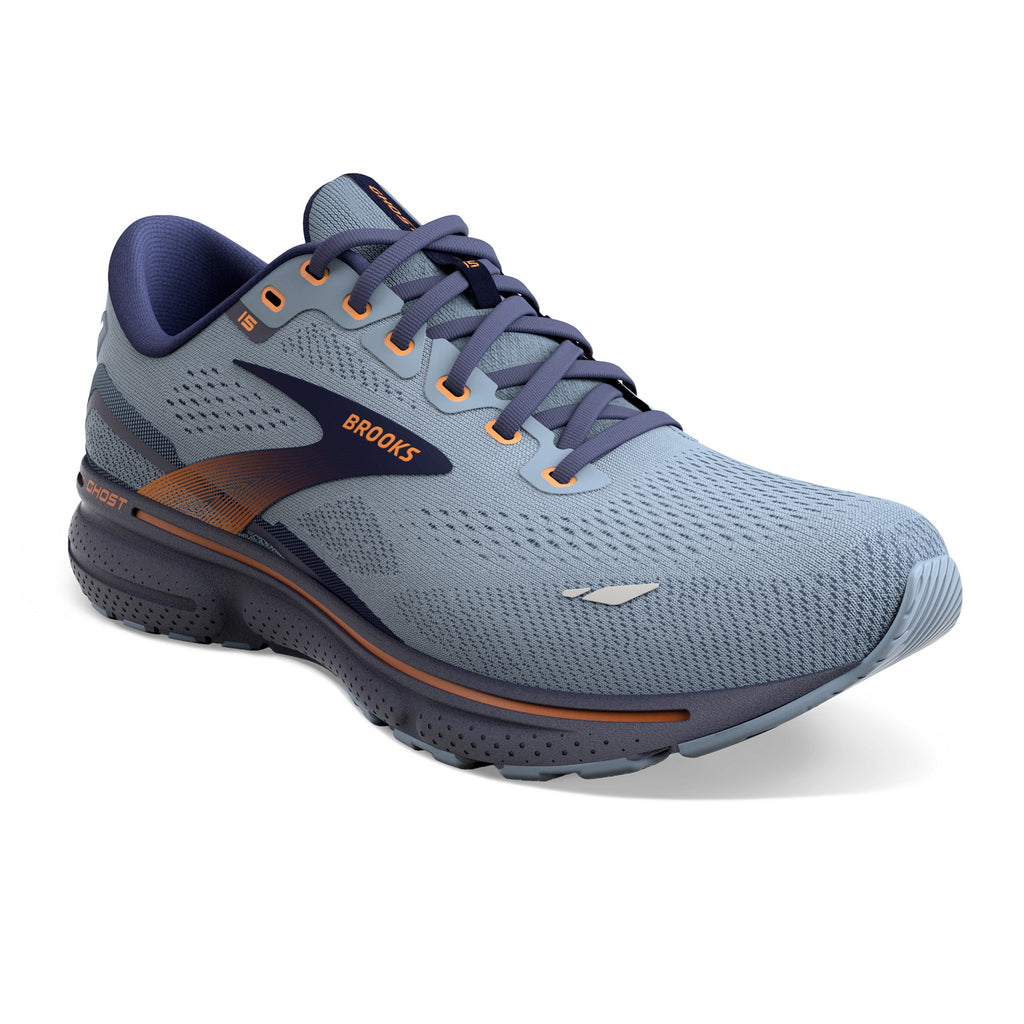 Men's Brooks Ghost 15. Grey/Blue upper. Navy midsole. Lateral view.
