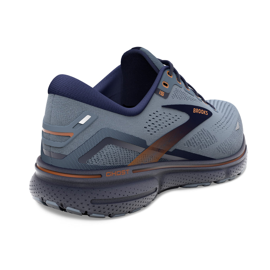 Men's Brooks Ghost 15. Grey/Blue upper. Navy midsole. Rear/Lateral view.