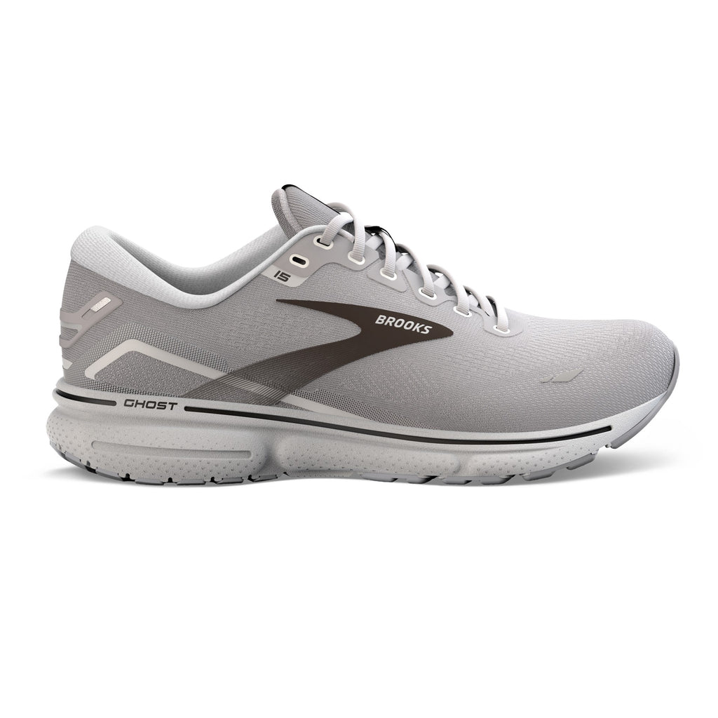 Men's Brooks Ghost 15. Grey upper. Grey midsole. Lateral view.