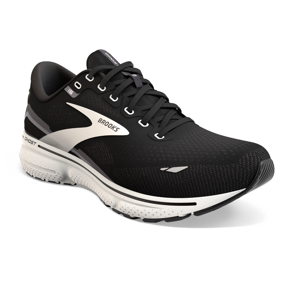 Women's Brooks Ghost 15. Black upper. White midsole. Lateral view.
