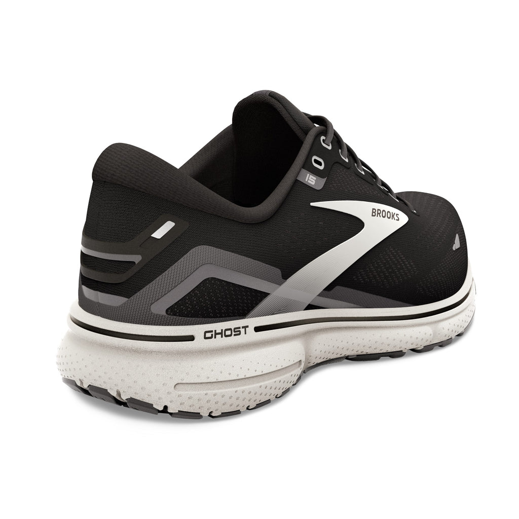 Women's Brooks Ghost 15. Black upper. White midsole. Rear/Lateral view.