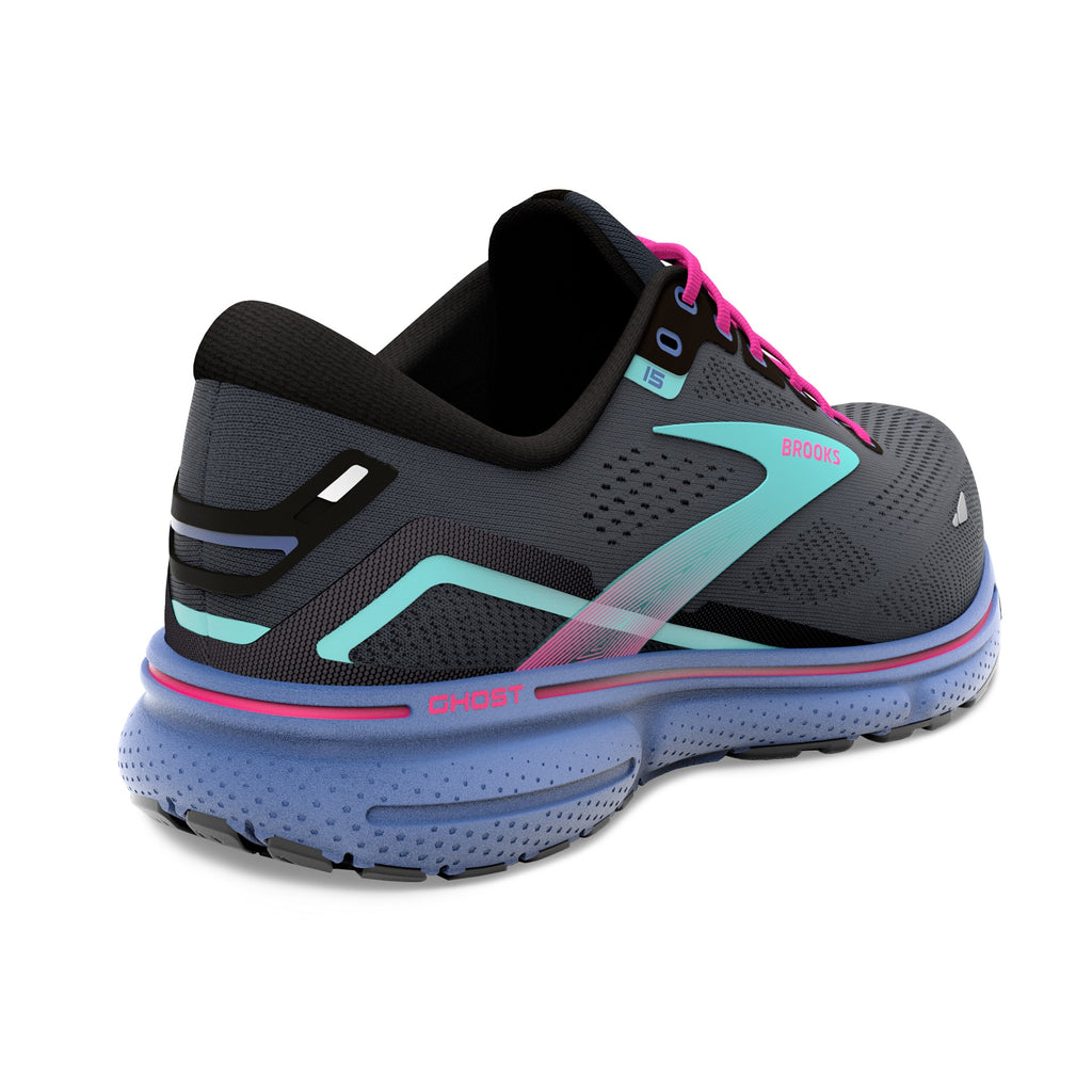 Women's Brooks Ghost 15. Black upper. Blue midsole. Rear/Lateral view.
