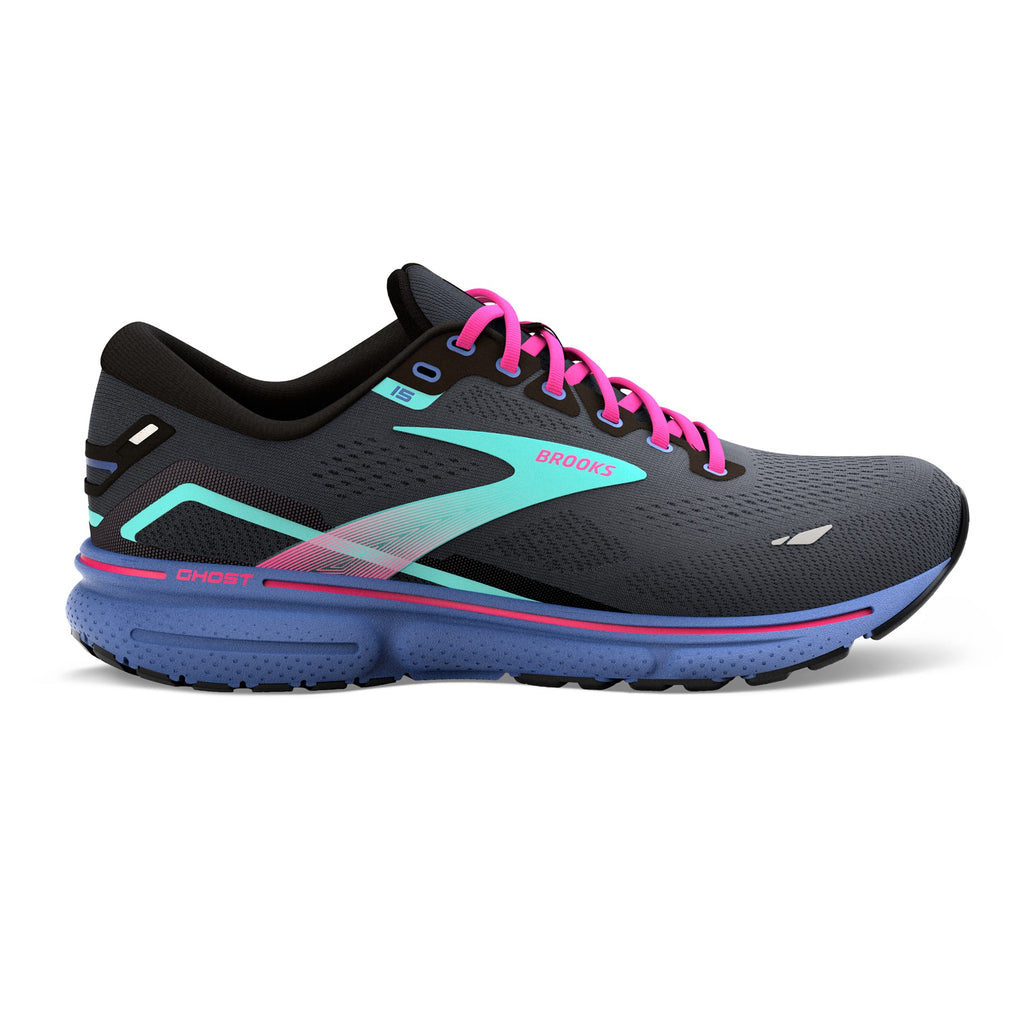 Women's Brooks Ghost 15. Black upper. Blue midsole. Lateral view.