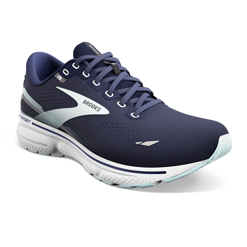 Women's Brooks Ghost 15. Navy upper. White midsole. Lateral view.