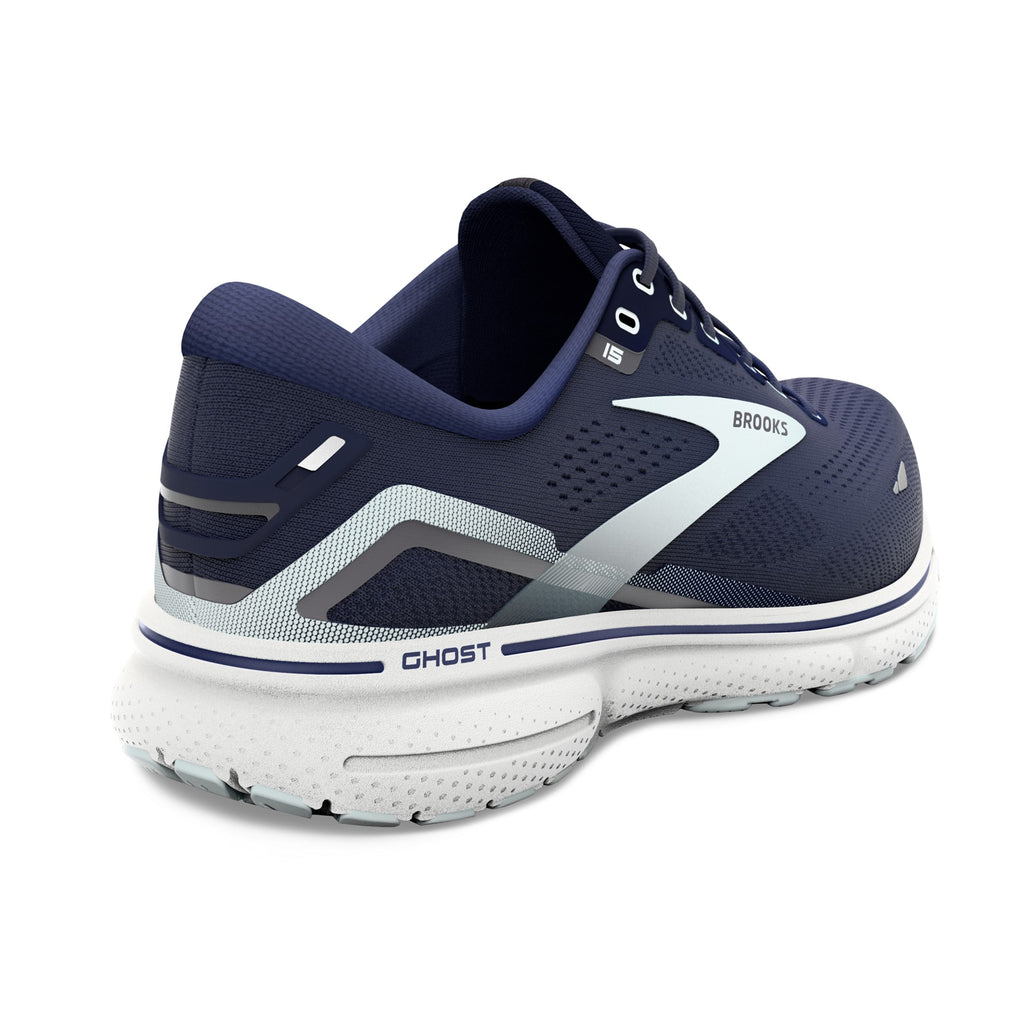 Women's Brooks Ghost 15. Navy upper. White midsole. Rear/Lateral view.