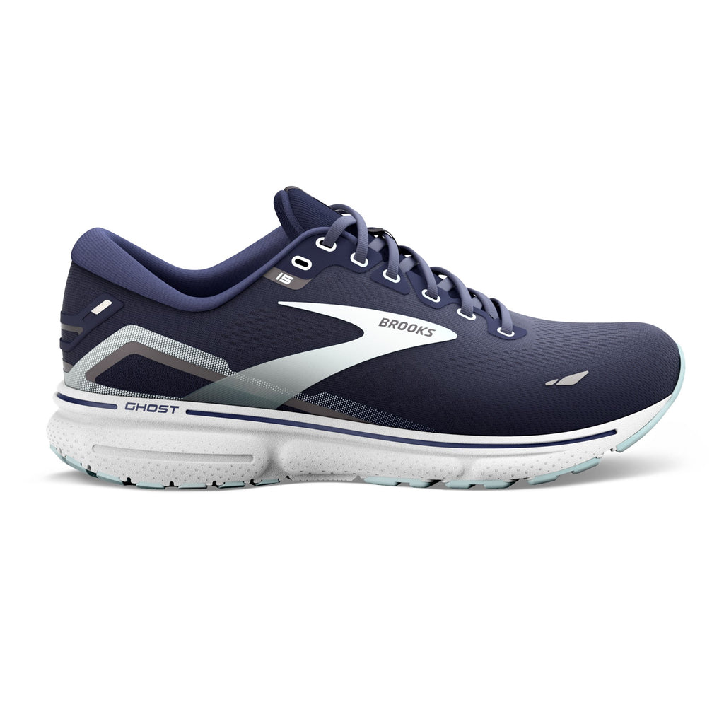 Women's Brooks Ghost 15. Navy upper. White midsole. Lateral view.