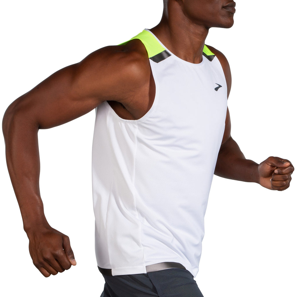 Men's Brooks Run Visible Tank. White/Yellow. Front/Lateral view.