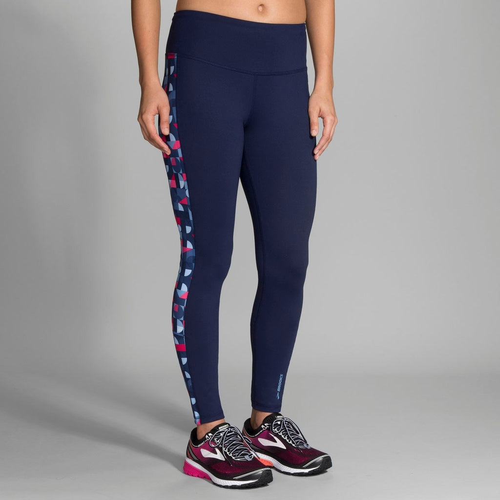 Women's Brooks Greenlight Tights. Navy. Front/Lateral view.