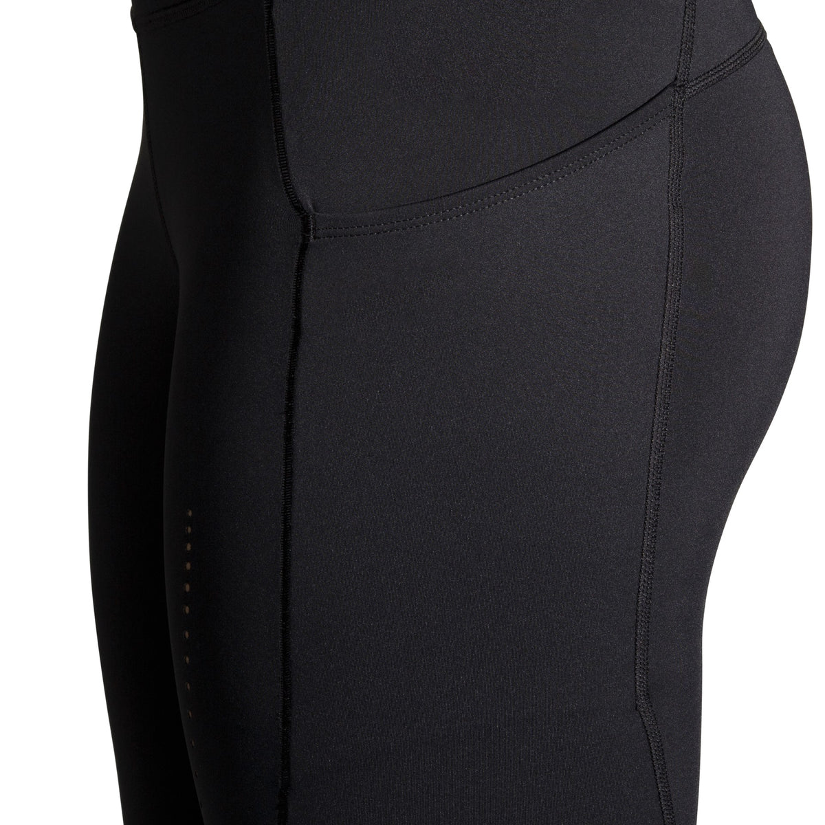 Women's Brooks Method 3/4 Tights. Black. Lateral closeup.