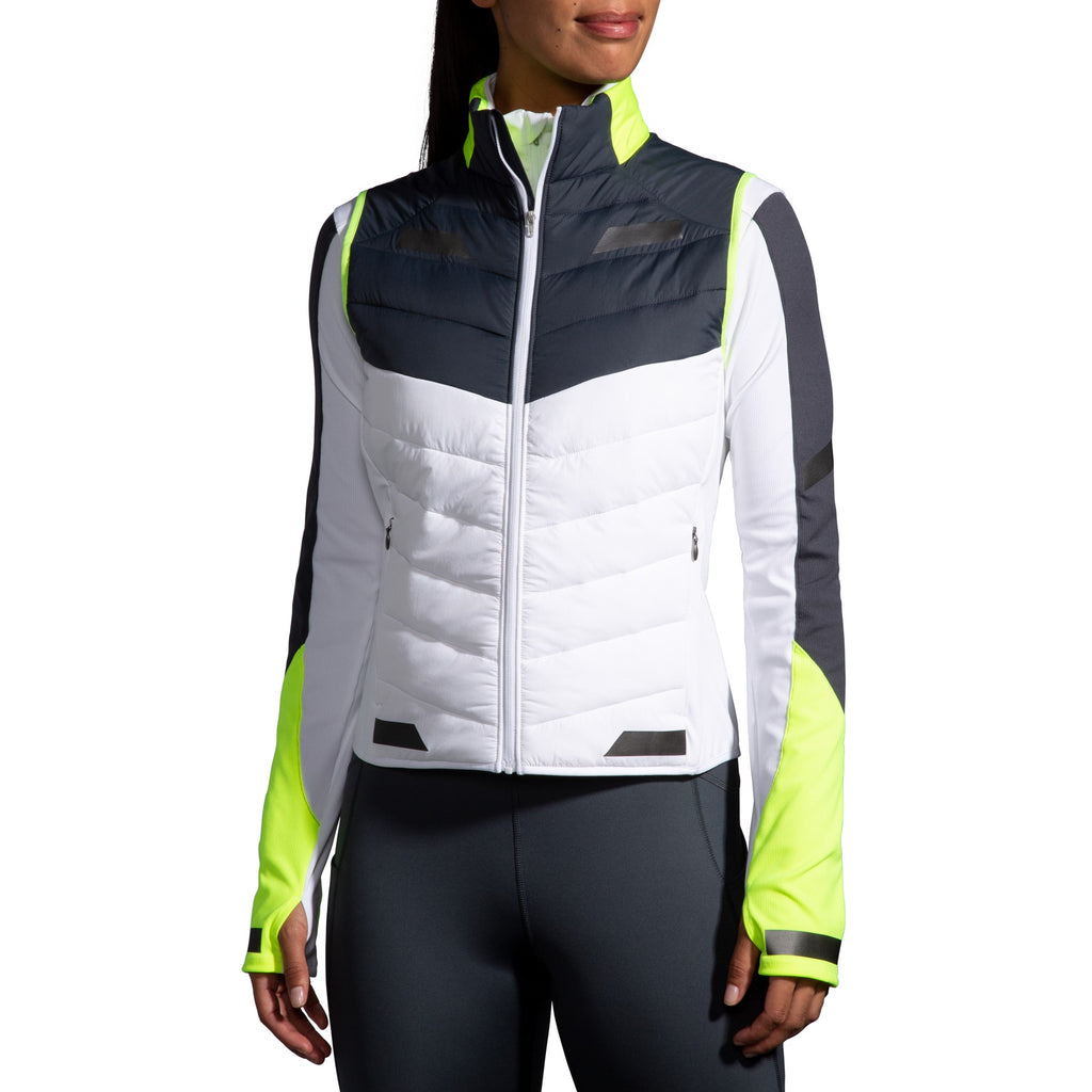Women's Brooks Run Visible Insulated Vest. White/Grey. Front view.