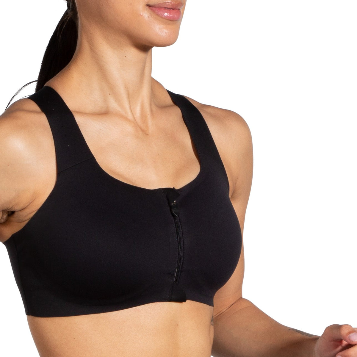 Women's Brooks Dare Zip Run 2.0. Black. Front/Lateral view.