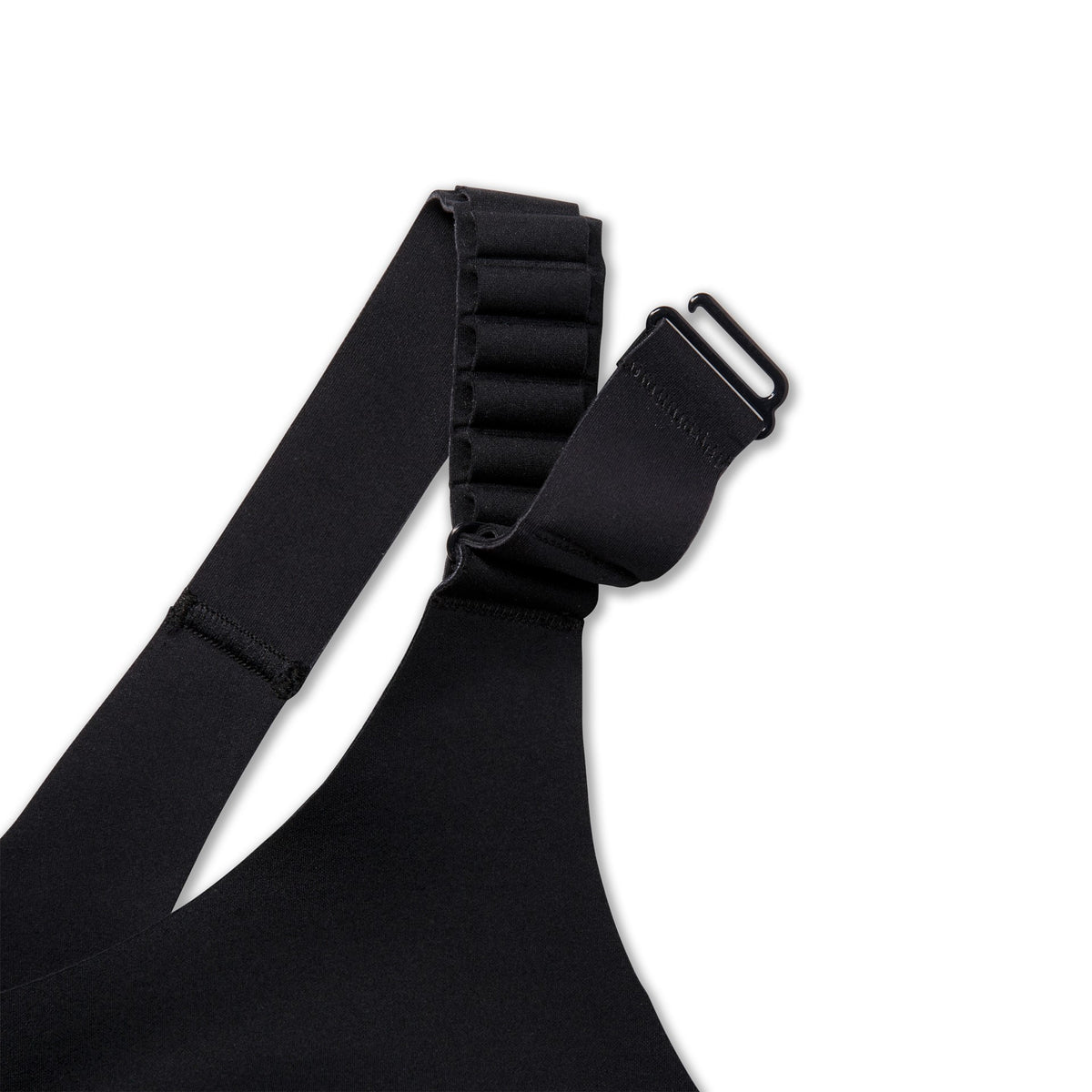 Women's Brooks Dare Racerback Run Bra 2.0. Black. Strap closeup view.