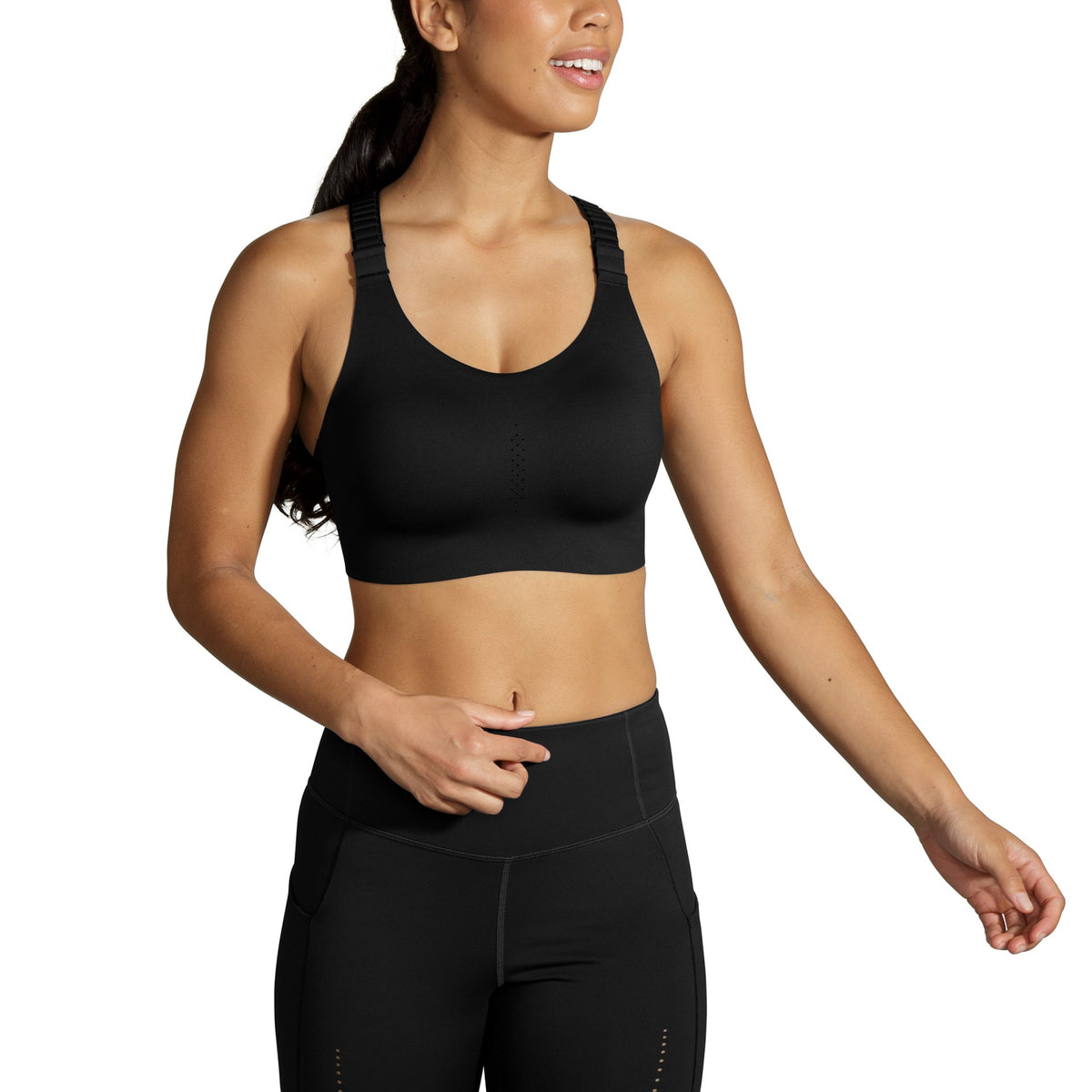 Women's Brooks Dare Racerback Run Bra 2.0. Black. Front view.