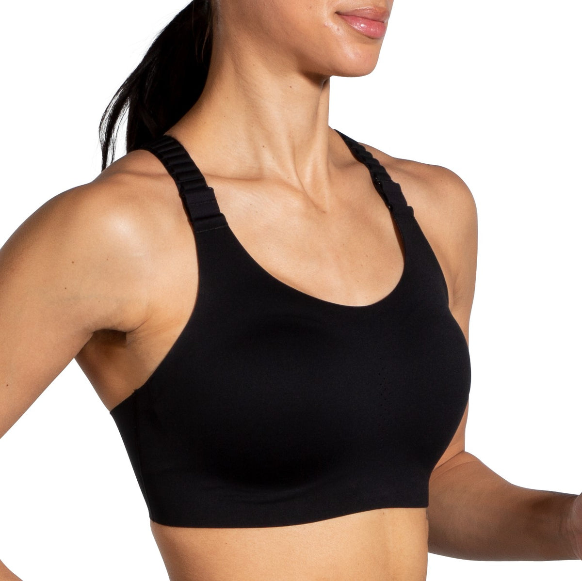 Women's Brooks Dare Racerback Run Bra 2.0. Black. Front/Lateral view.