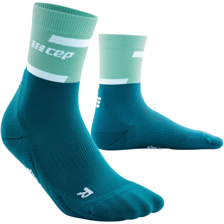 Men's CEP The Run 4.0 Mid Compression Socks. Blue/Green. Lateral view.