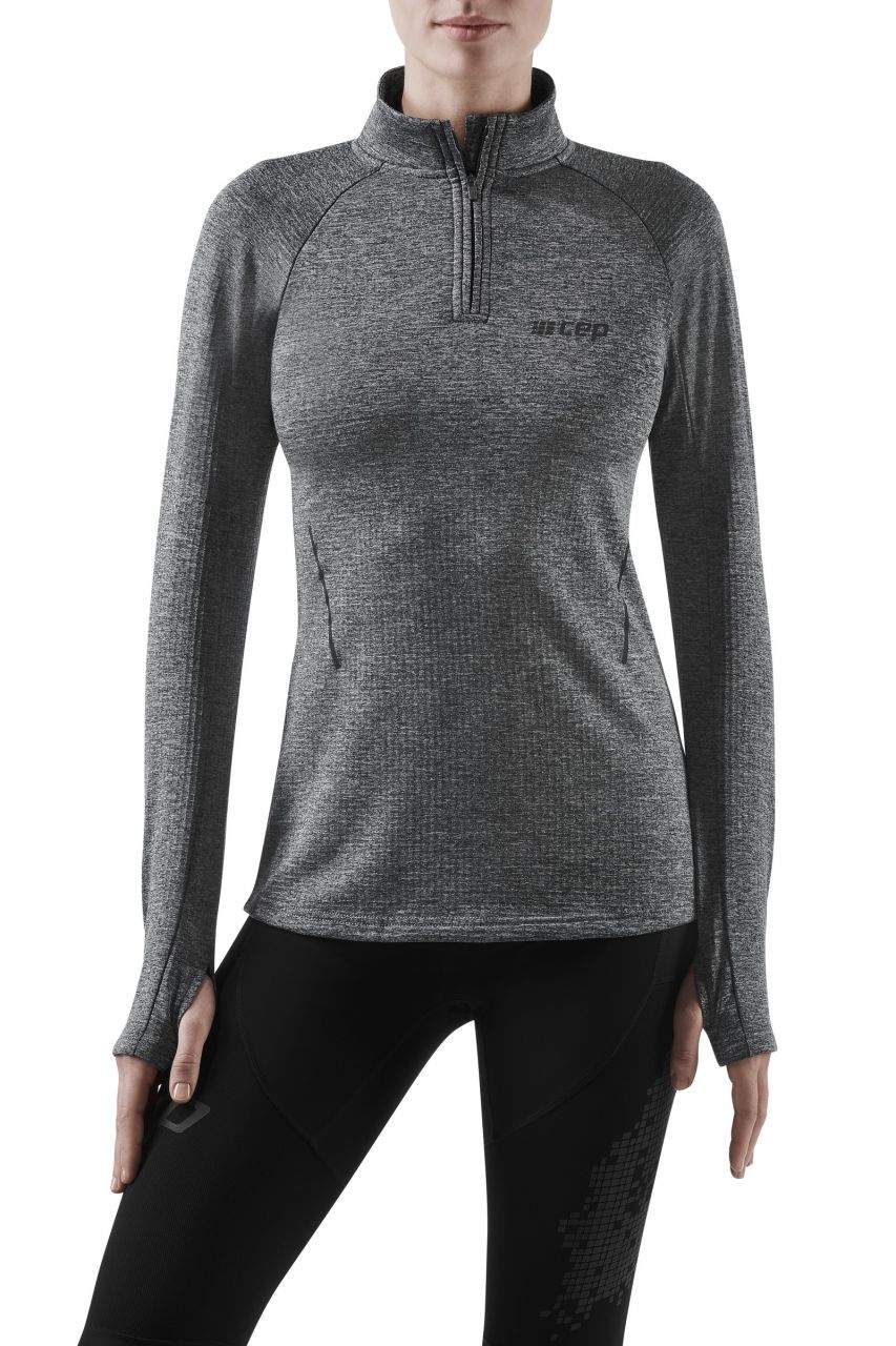 Women's CEP Winter Quarter Zip Pullover. Grey. Front view.