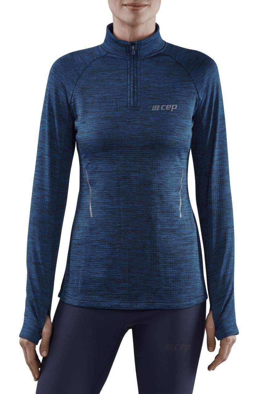 Women's CEP Winter Quarter Zip Pullover. Blue. Front view.