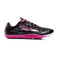 Altra Spikes. Black upper. Pink midsole. Lateral view.