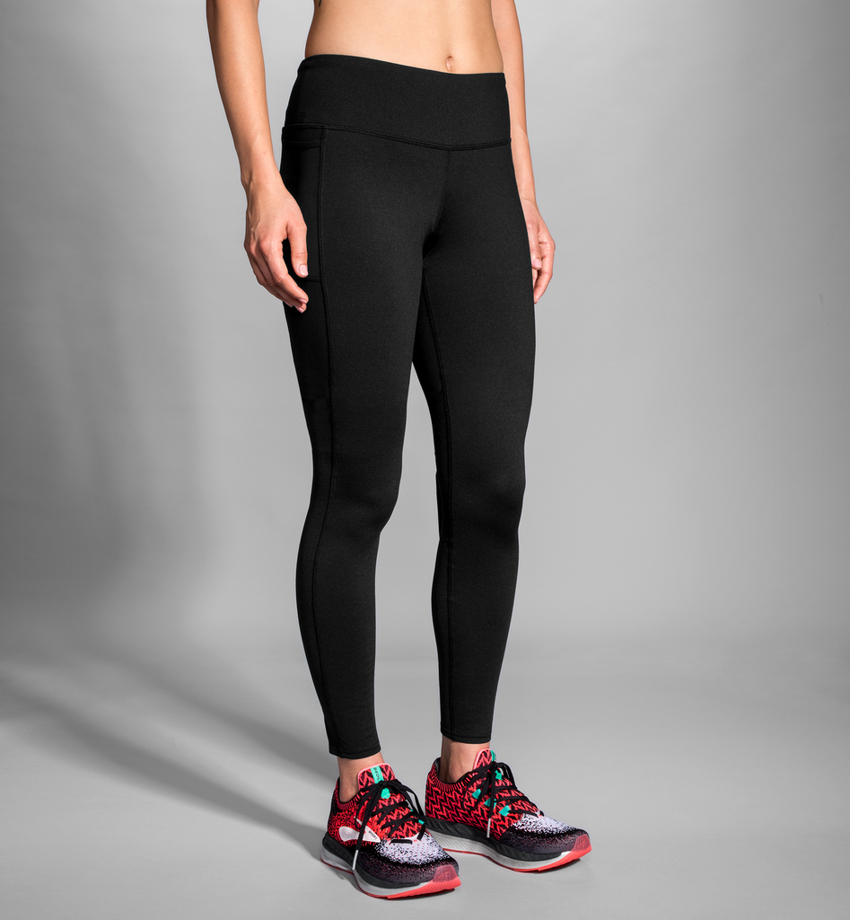 Women's Brooks Threshold Tights. Black. Front/Lateral view.